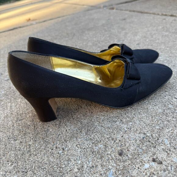 Nina Black Satin Heels with Bow - Size 7M, Gold Detail - Picture 6 of 7